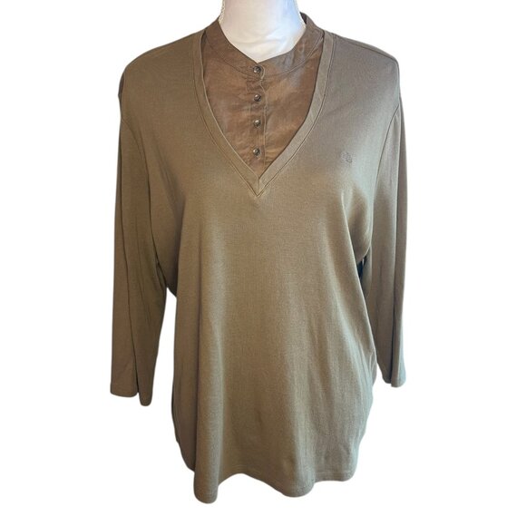 Lauren Ralph Lauren Womens Brown V Neck Henley Layered Look Top XL Casual Comfy - Picture 13 of 14